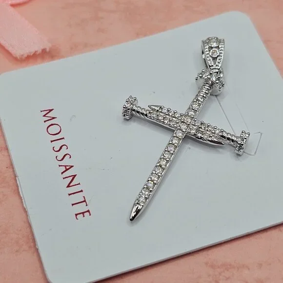 Sterling Silver 925 Rhodium Plated Nail Cross Moissanite Pendant - Picture 6 of 7